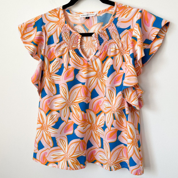 Michelle McDowell Tropical Floral Print Flutter Sleeve Notch Neck Top Resortwear - Picture 2 of 10